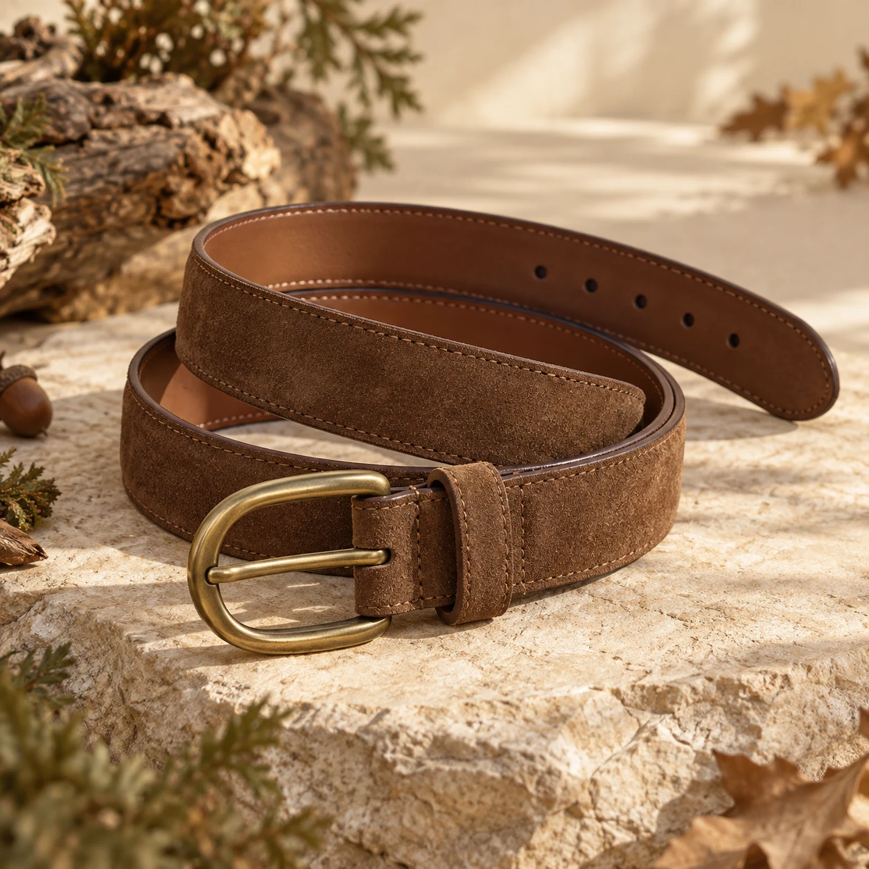 Acorn Suede Belt, Cocoa brown, oval prong buckle