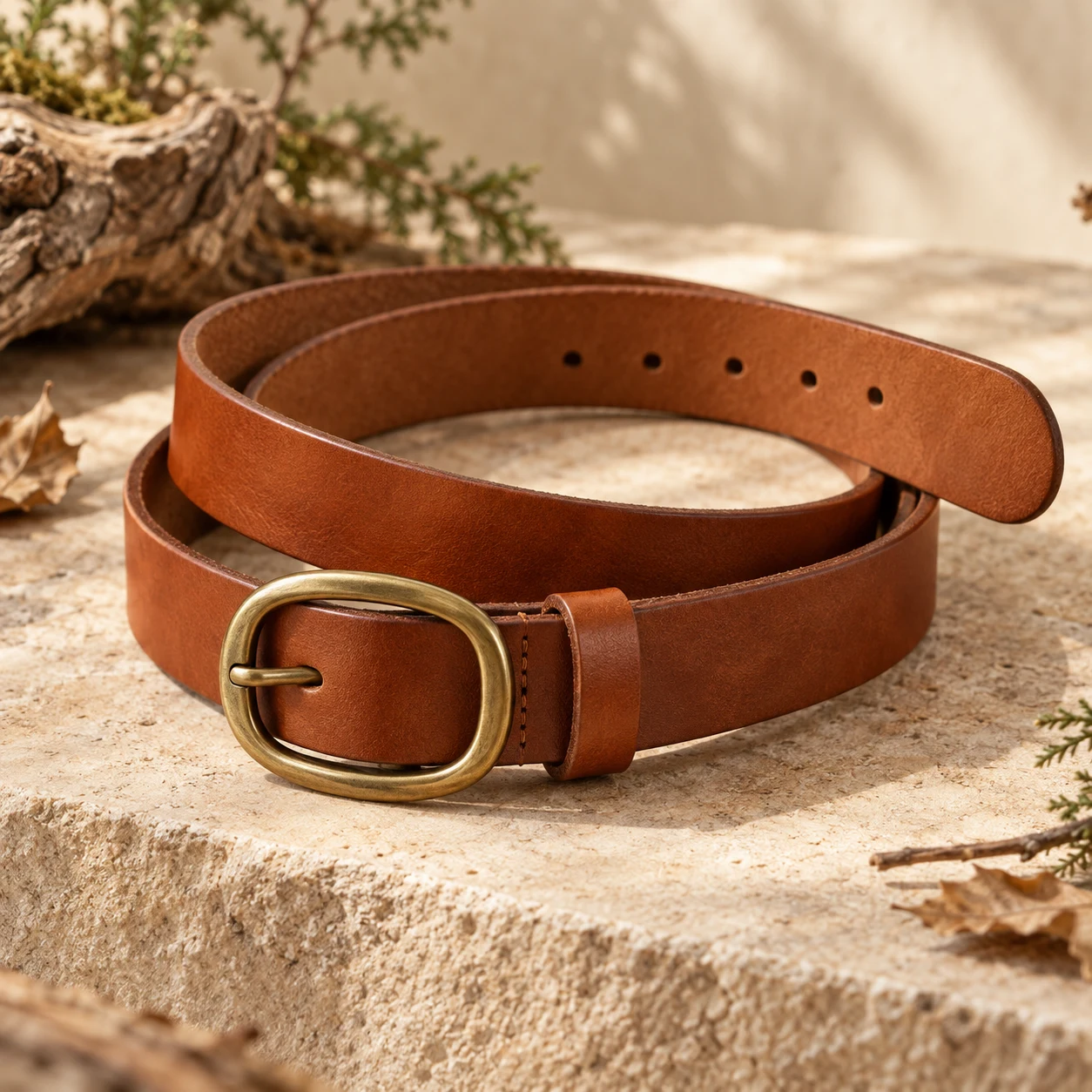 Alder Leather Belt, Cognac brown, oval prong buckle
