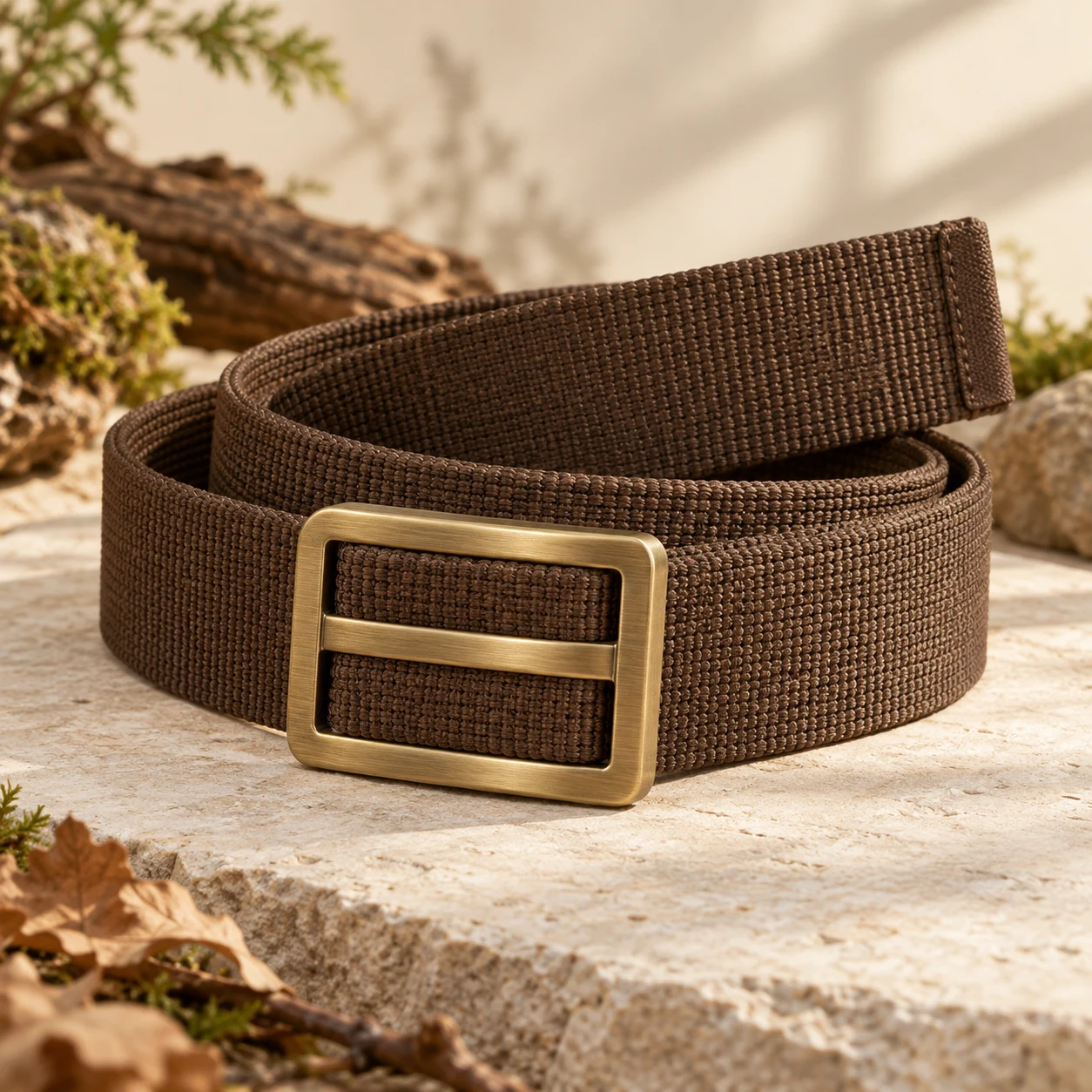 Bark Webbing Belt, Bark brown, rectangular three-bar slide buckle