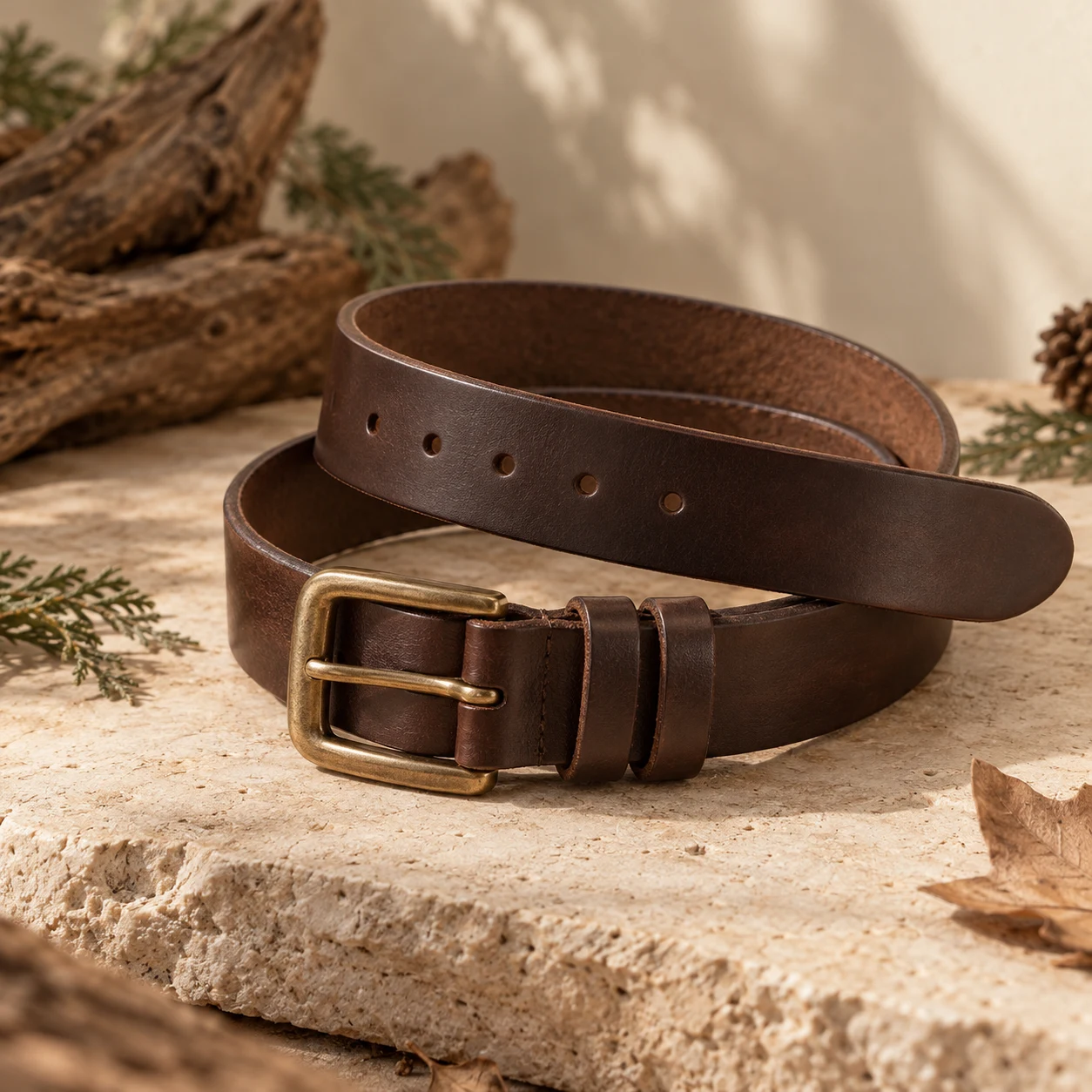 Grove Keeper Belt, Dark brown, rounded rectangular prong buckle with two leather keepers