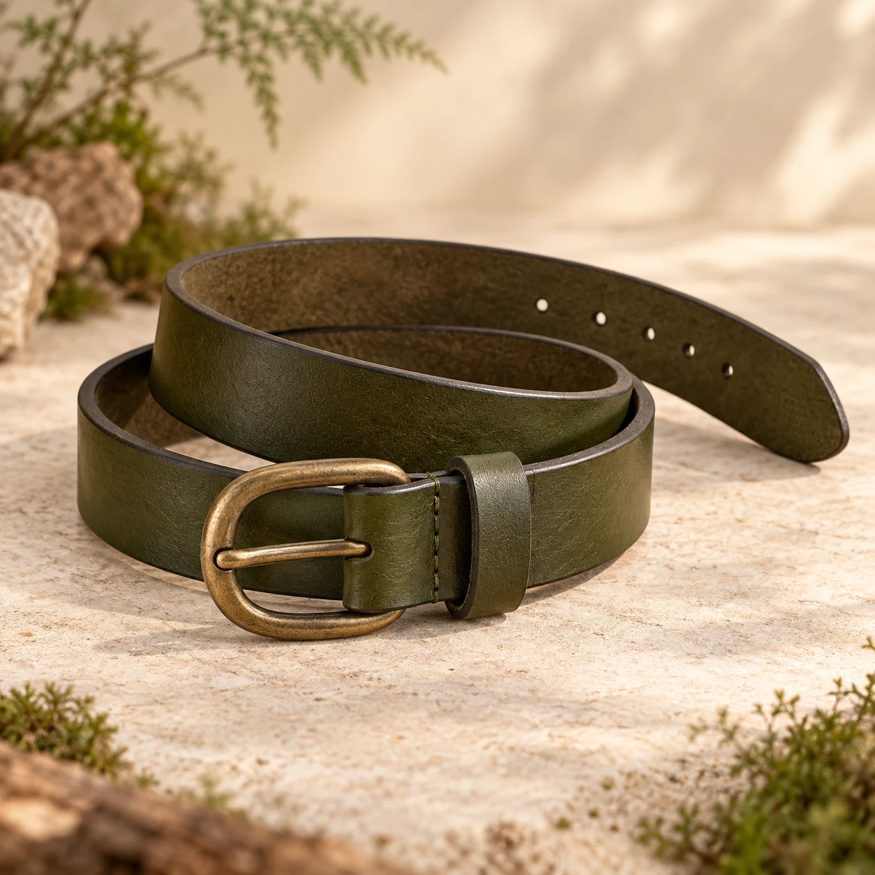 Moss Leather Belt, Deep olive, oval prong buckle