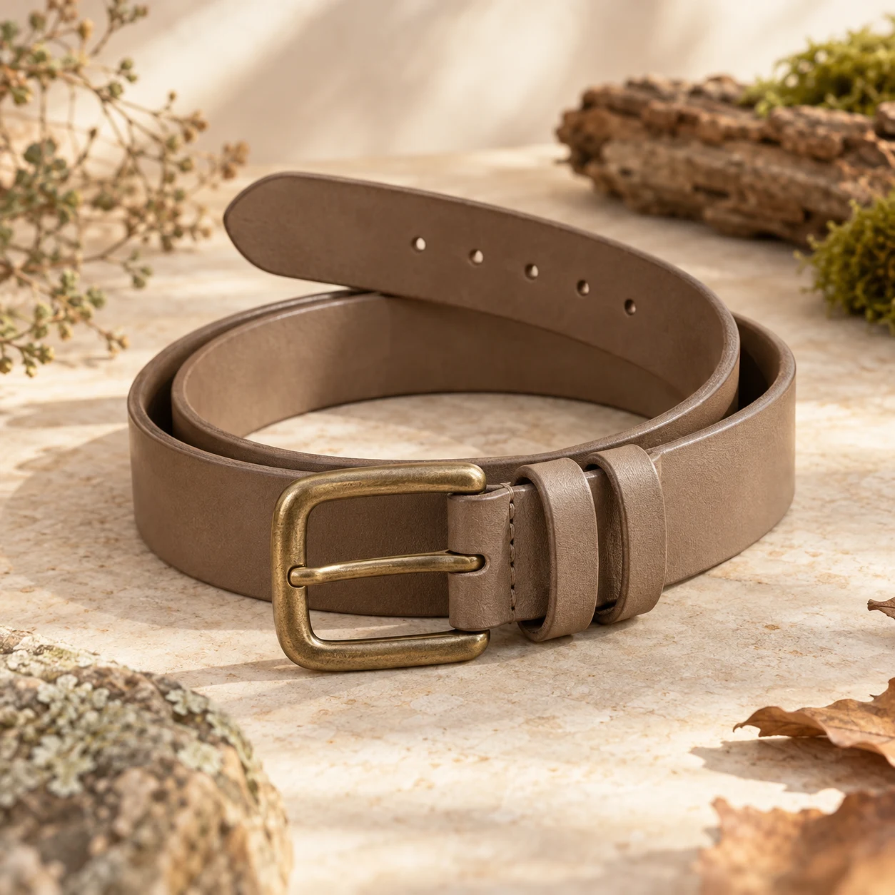 Reed Keeper Belt, Taupe, rounded rectangular prong buckle with two leather keepers