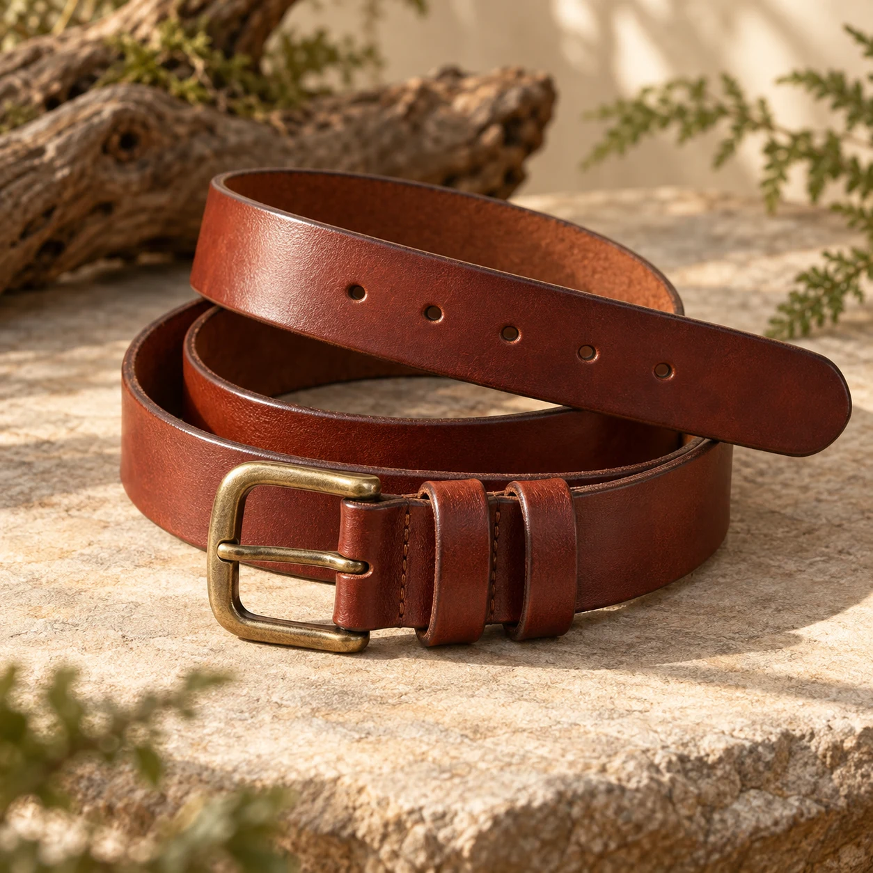 Rowan Keeper Belt, Red brown, rounded rectangular prong buckle with two leather keepers