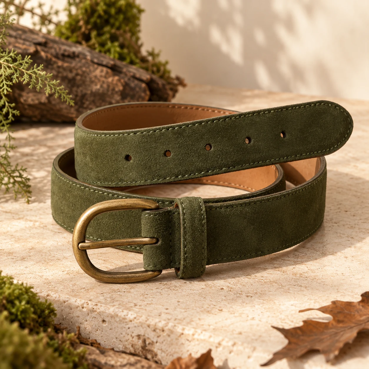 Sylvan Suede Belt, Moss green, oval prong buckle
