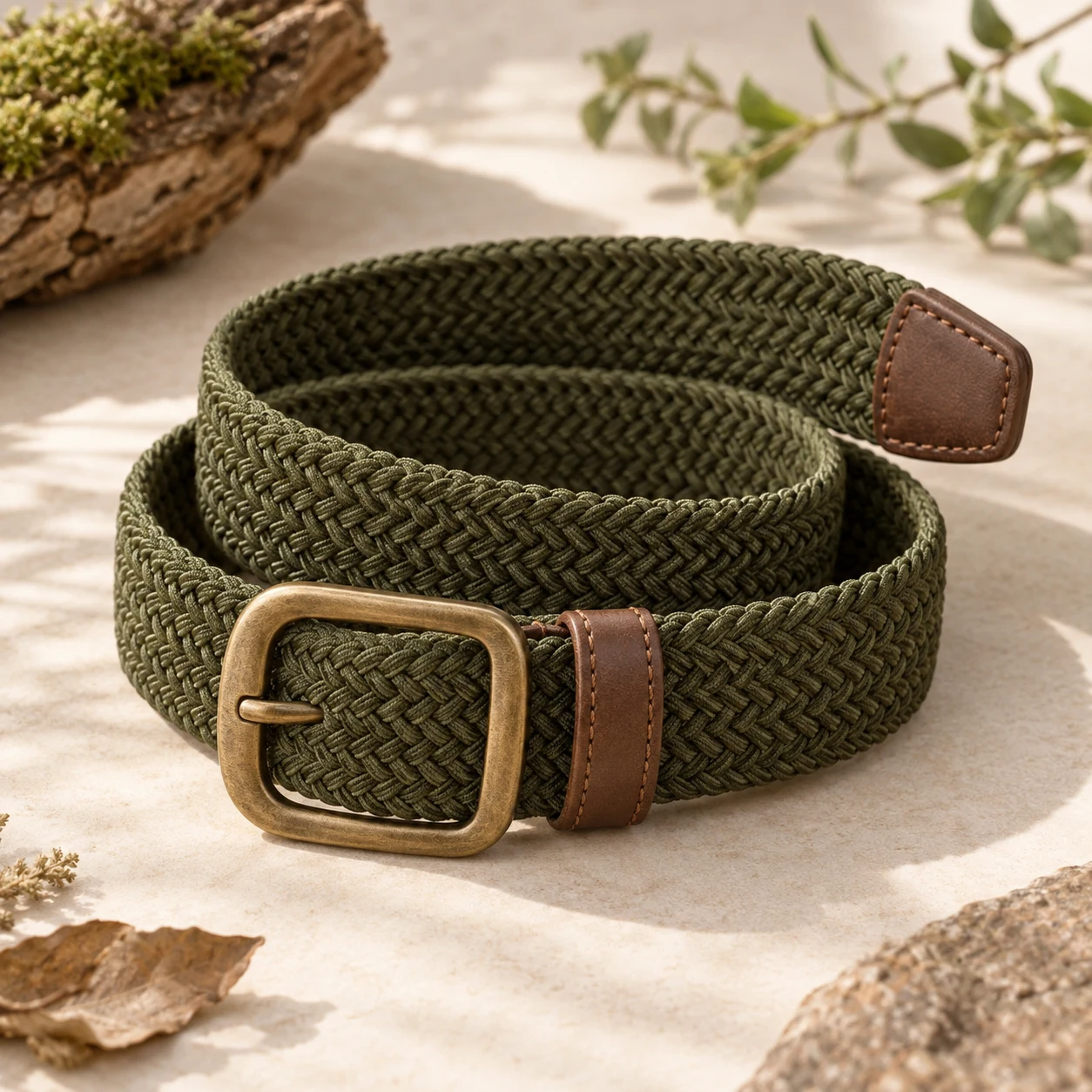 Willow Braided Belt, Olive green, rounded rectangular prong buckle